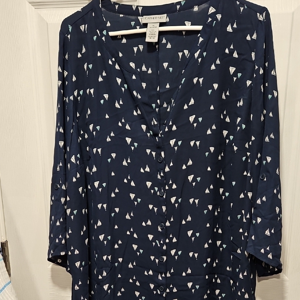 Catherines Navy Sailboat Print Button-Up Top
